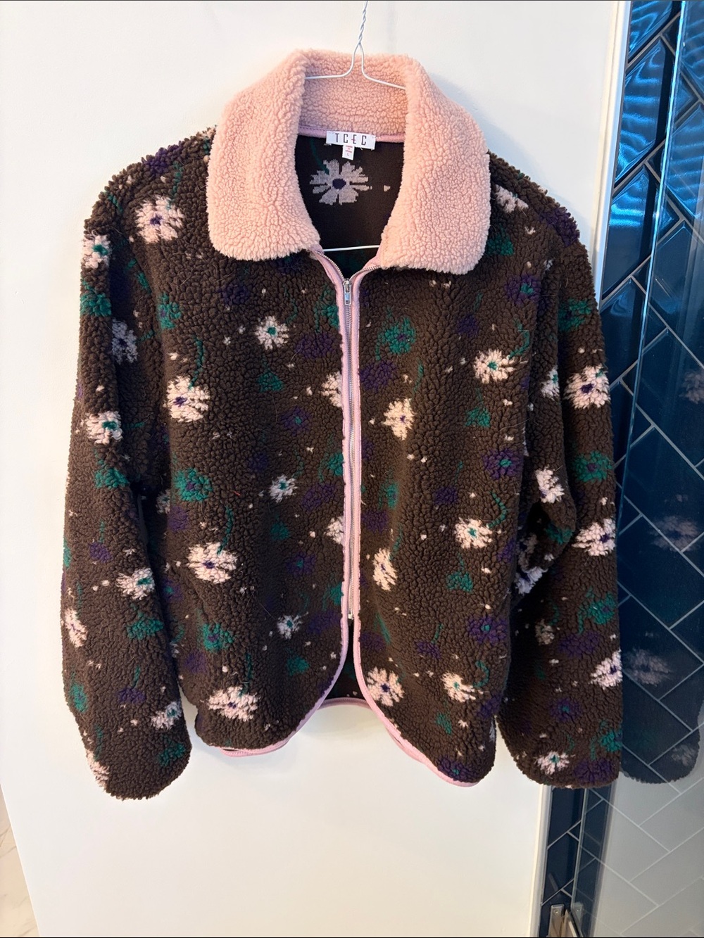 TCEC Brown Sherpa Zip Jacket with Pink Trim & Floral Accents